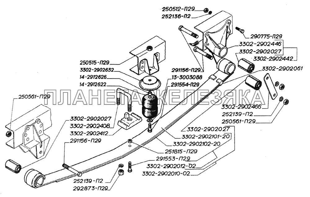 Рессора передняя многолистовая, крепление передних многолистовых рессор (для автомобилей выпуска с апреля 2002 года) ГАЗ-2705 (дв. ЗМЗ-402)